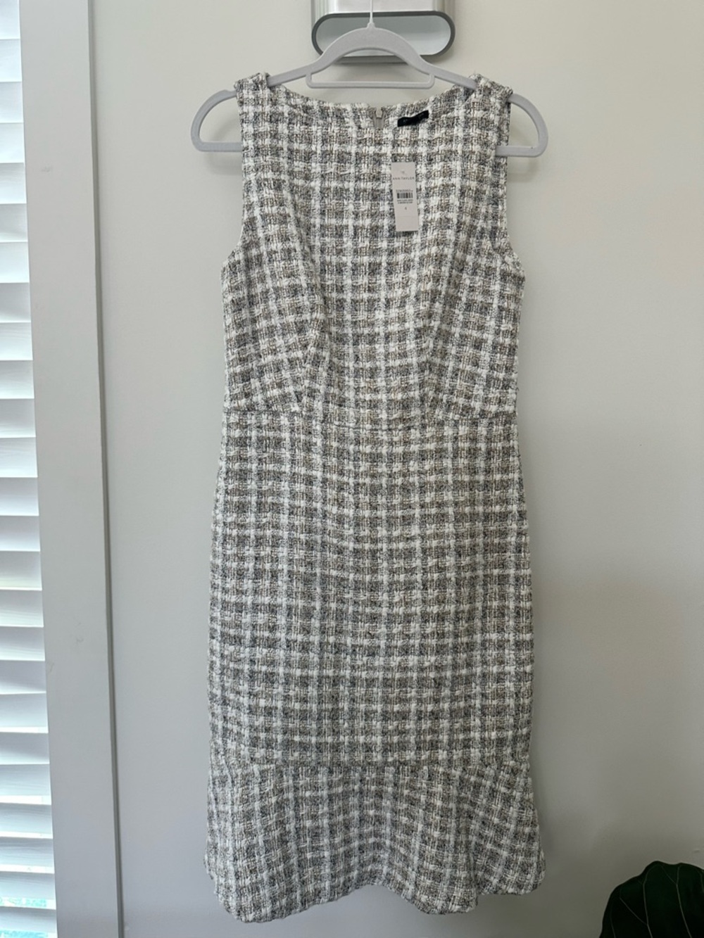 Ann Taylor Gray and White Tweed Midi Sheath Dress